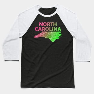 Colorful mandala art map of North Carolina with text in pink and green Baseball T-Shirt